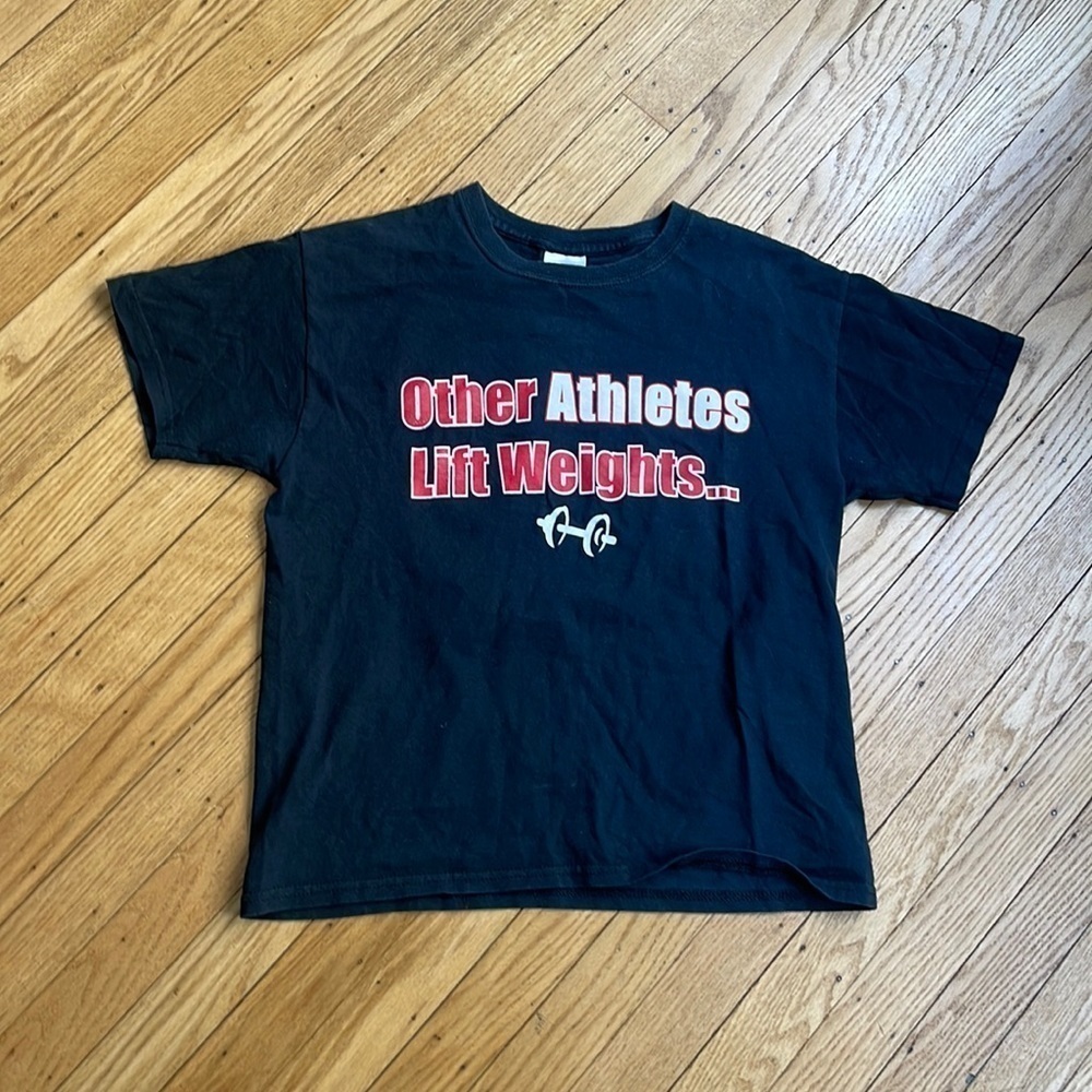 Gildan Cheerleaders Lift Athletes Graphic Tee Black Red White  L Gym Cheer Y2K